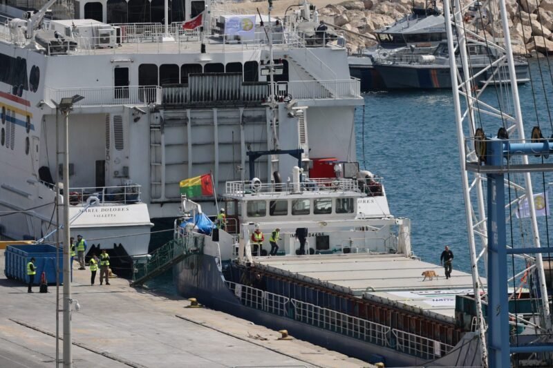 A police officer uses a sniffer dog to inspect the cargo ship loaded with humanitarian aid for Gaza in the port of Larnaca. REUTERS/Yiannis Kourtoglou