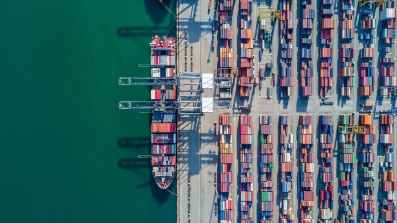 Aerial top view of a containership at port. Stock Photo: Shutterstock/Avigator Fortuner