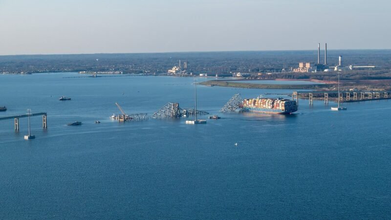 The M/V Dali is shown with the collapsed Francis Scott Key Bridge on March 30, 2024, in Baltimore.