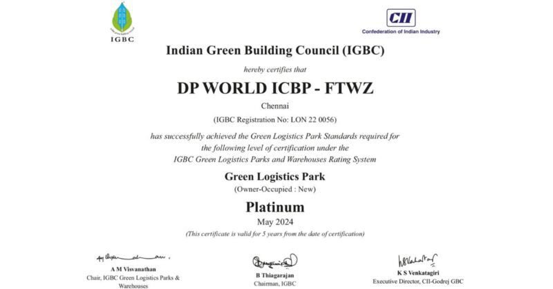 DP World Chennai Economic Zone receives IGBC Platinum Certification