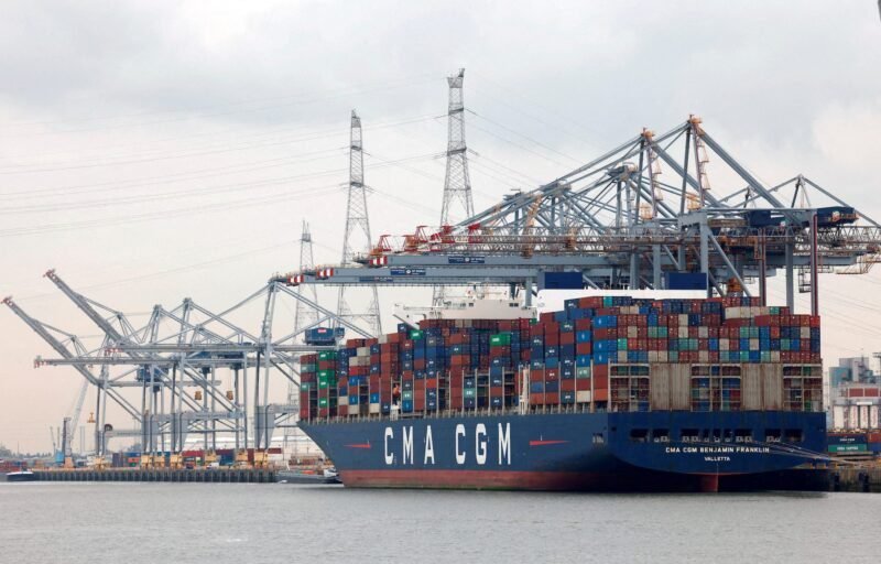 FILE PHOTO: Containers are seen stacked up on the container ship CMA CGM Benjamin Franklin at the port of Antwerp, Belgium September 23, 2022. REUTERS/Yves Herman//File Photo