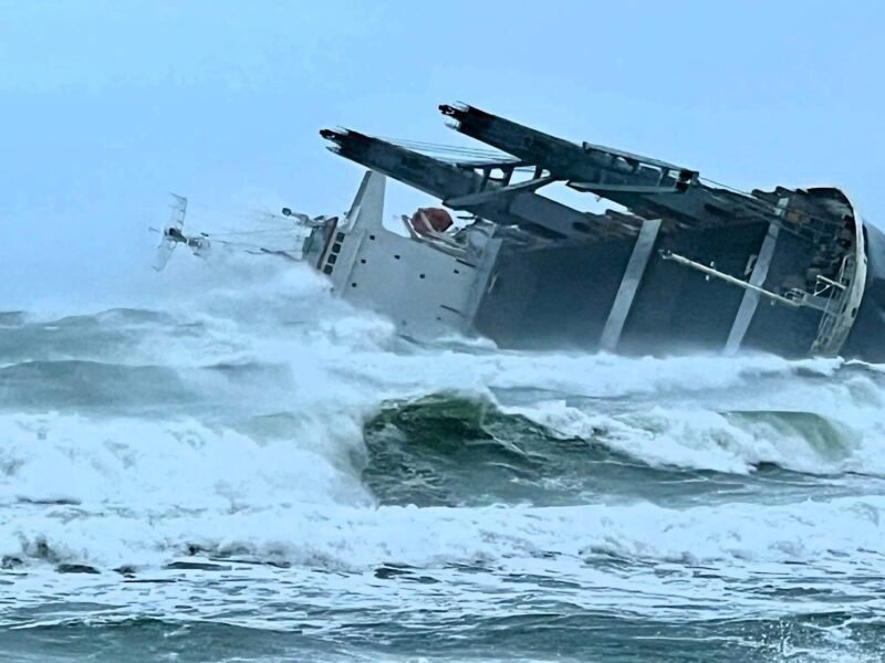 The Panama flagged general cargo vessel, MV Ultra Galaxy, pictured after its grounding late on Tuesday night in remote coastal area of South Africa’s west coast, known as Duiwegat. Photo courtesy SAMSA