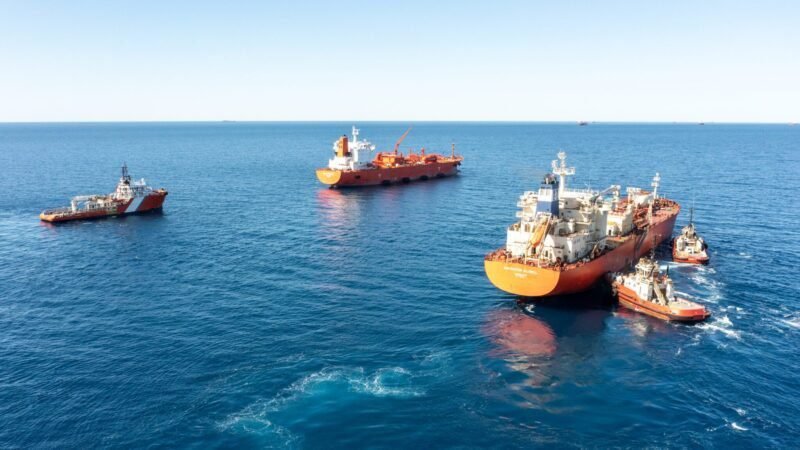 The Green Pioneer and the Navigator Global with ex-AMSA anchor handling tug supply vessel, Coral Knight, and Rio Tinto Westug tugboats at the outer anchorage of Port Dampier. Photo courtesy GCMD