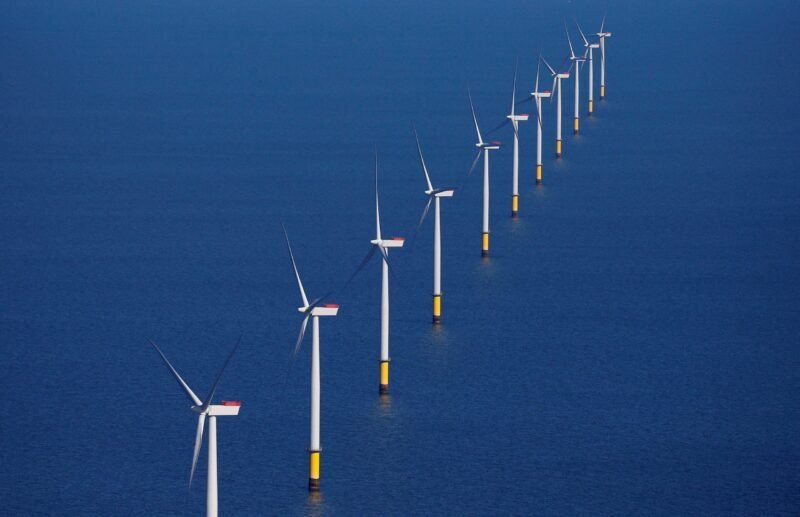 General view of the Walney Extension offshore wind farm operated by Orsted off the coast of Blackpool, Britain.
