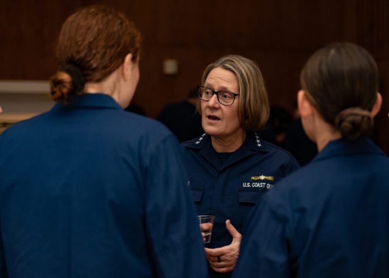 ADM Linda Fagan, Commandant of the United States Coast Guard, speaks with cadets during a visit to the Coast Guard Academy, in New London, Feb 28, 2023. U.S. Coast Guard Photo