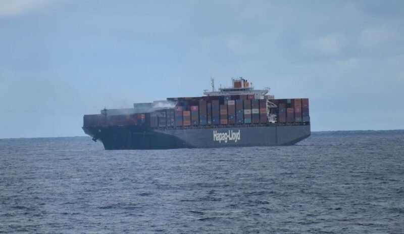 The fire on board the Yantian Express, pictured January 15, 2019, in the Atlantic Ocean.