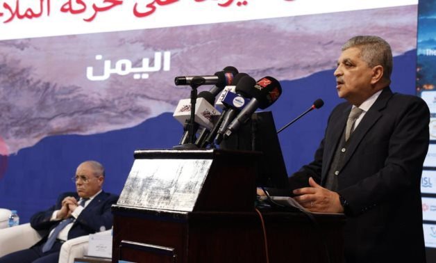 Head of the Suez Canal Authority (SCA),  Osama Rabie gives a speech the opening of the 14th Annual International Maritime Transport and Logistics Conference (Marlog 2025)- press photo