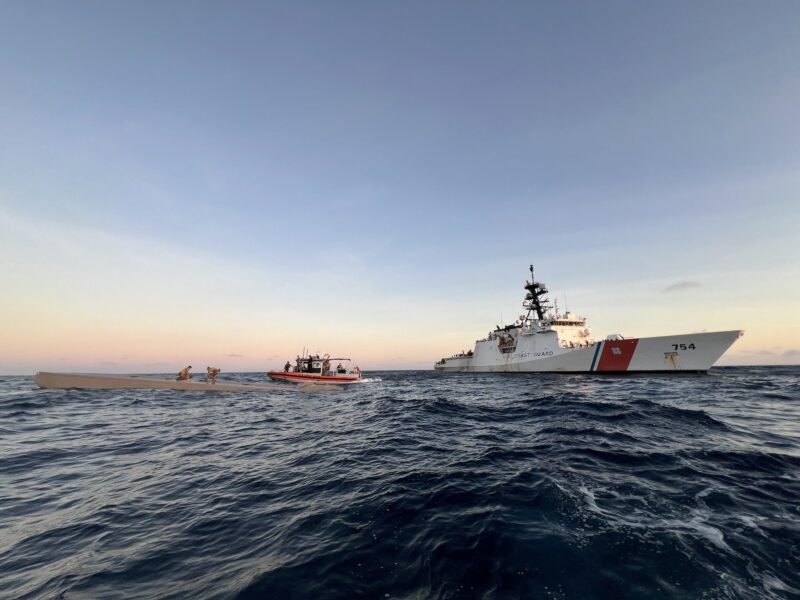 Coast Guard Cutter James law enforcement officers board a low profile vessel in the Eastern Pacific Ocean, Jan. 7, 2025. The crew of U.S. Coast Guard Cutter James offloaded more than 44,550 pounds of cocaine and 3,880 pounds of marijuana valued at approximately $509.9 million in Port Everglades