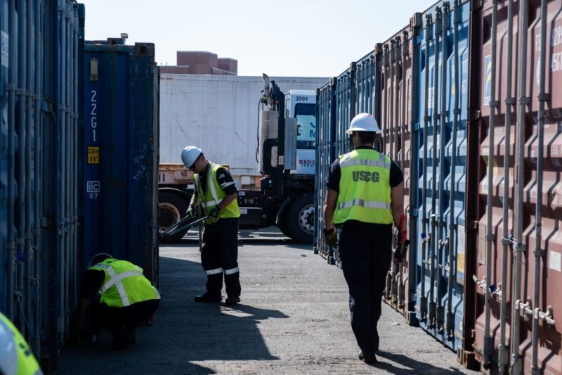 U.S. Coast Guard personnel assigned to Sector New York conduct container inspections alongside U.S. Customs and Border Protection at Red Hook Terminal in Brooklyn, New York, April 24, 2025.