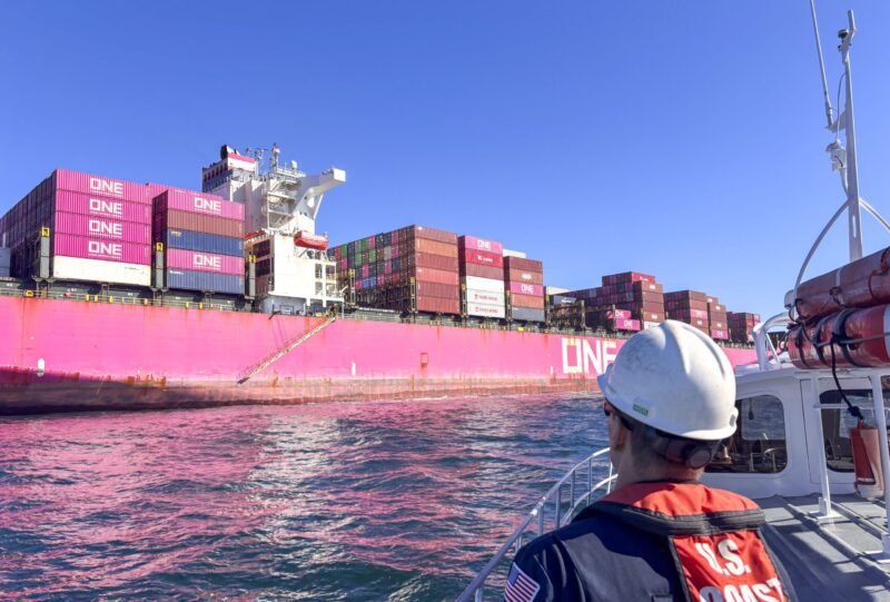 U.S. Coast Guard Station Los Angeles-Long Beach crew members maintain a security zone a half mile around the ONE Henry Hudson container ship, off the coast of San Pedro, California, Nov. 24, 2025