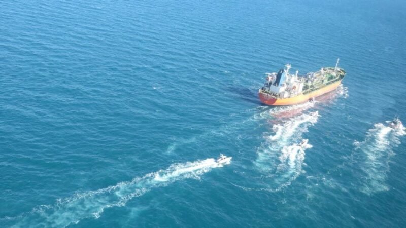 A South Korean-flagged tanker vessel which was seized by Iran. is seen in Gulf