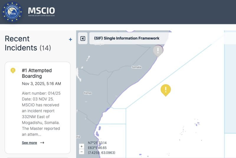 Map and graphic from EUNAVFOR Operation ATALANTA showing piracy incident on November 3, 2025