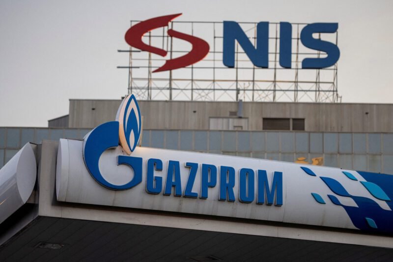 Signages display the logos of NIS as well as Russian oil producer Gazprom Neft, in Belgrade