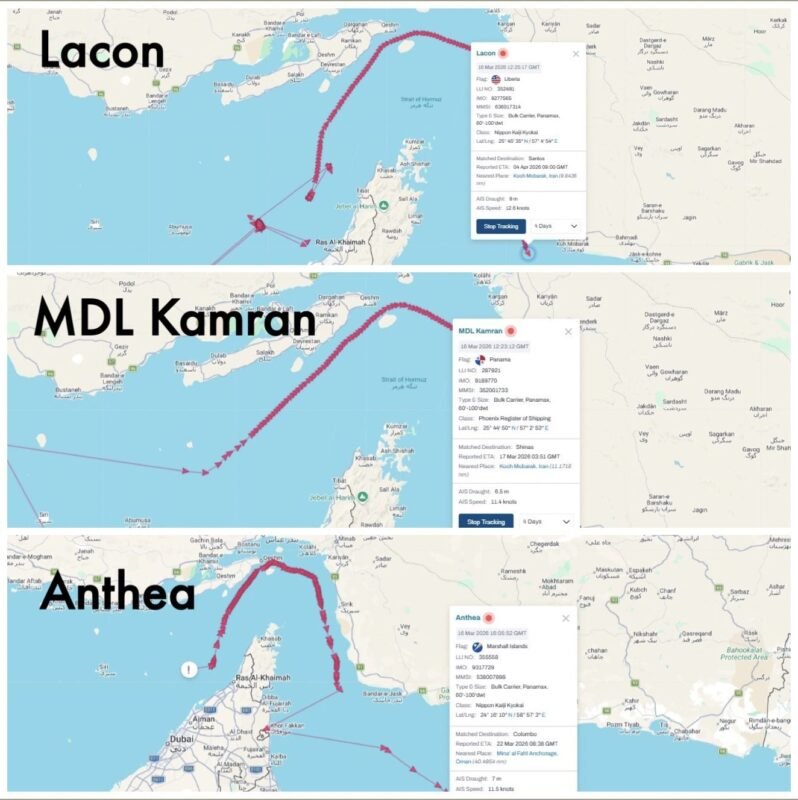 AIS vessel tracks of bulk carriers Lacon, MDL Kamran, and Anthea showing unusual routing between Iran’s Larak and Qeshm islands before exiting the Strait of Hormuz, suggesting ships may be undergoing verification before leaving the Persian Gulf.