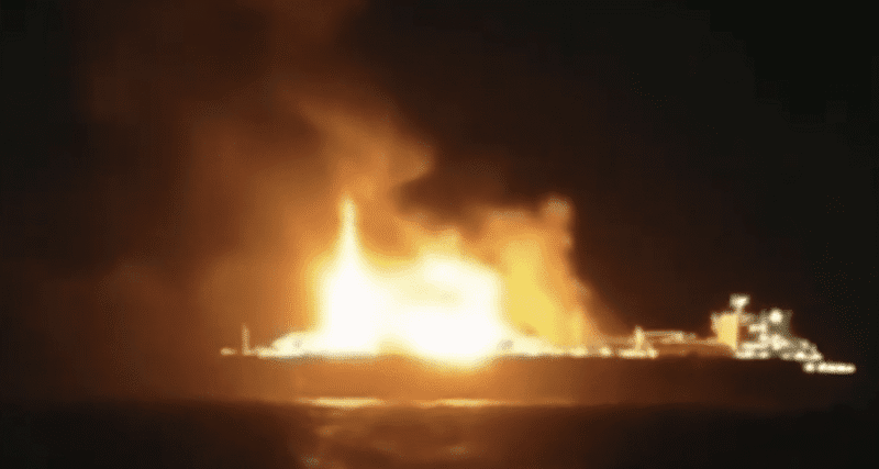 A screenshot of video alleged to show the fire onboard the sanctioned LNG carrier Arctic Metagaz