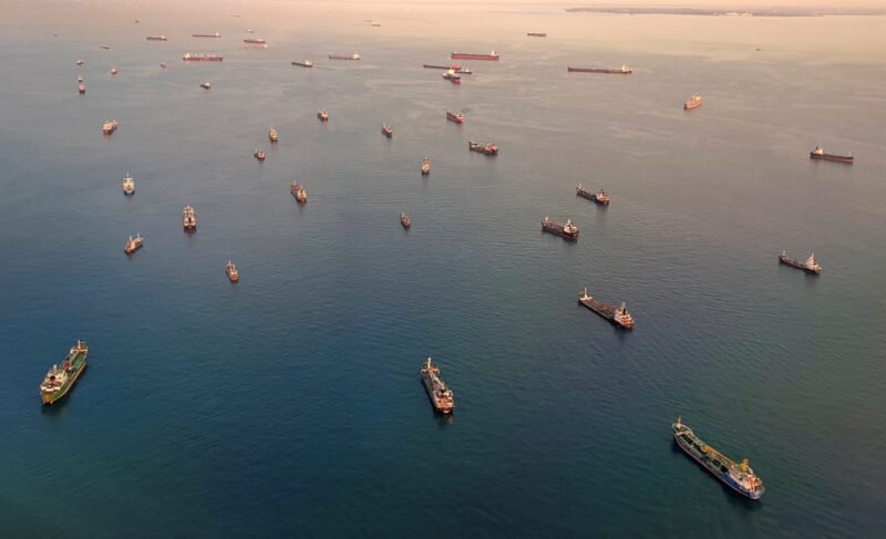 An aerial view of vessels in the Singapore Strait