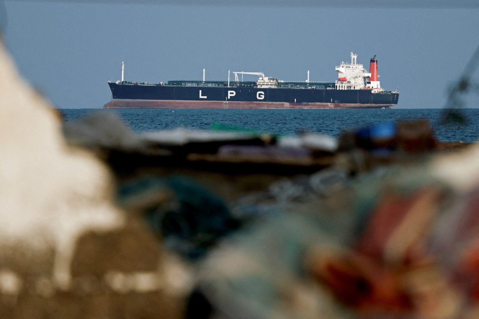 An LPG gas tanker at anchor as traffic is down in the Strait of Hormuz, in Shinas