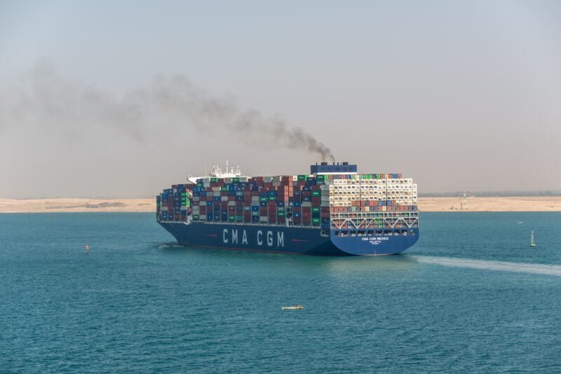 A CMA CGM containership underway in the Suez Canal