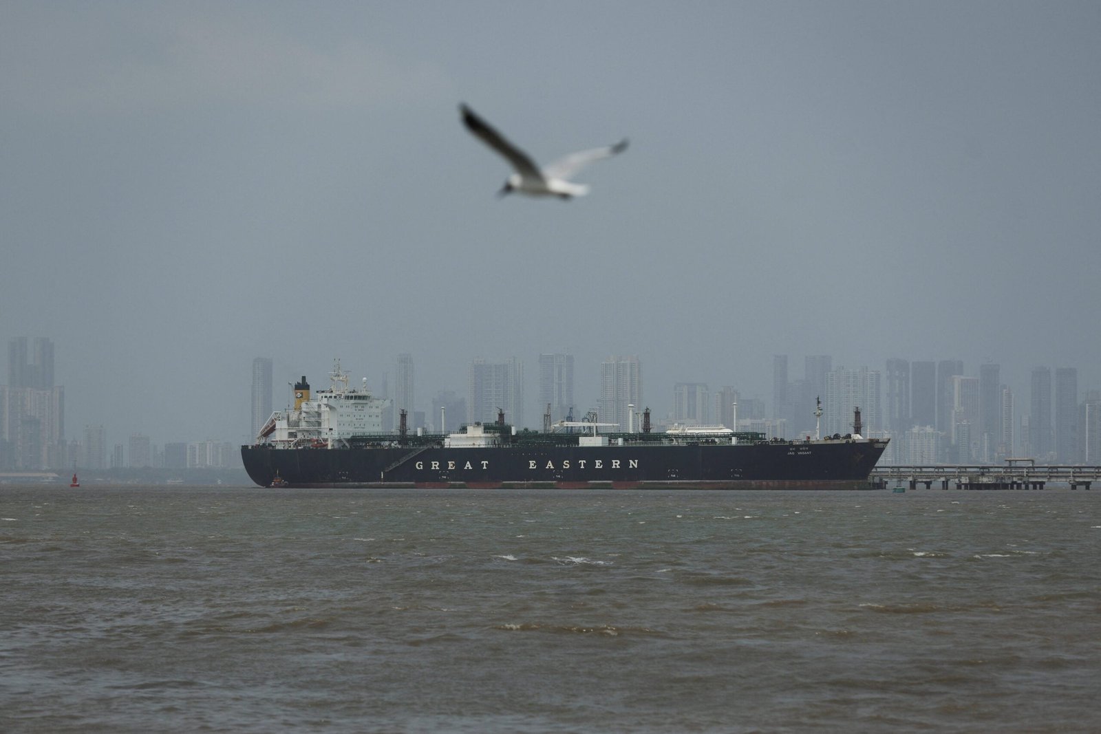 A bird flies near the Jag Vasant vessel transferring LPG at a port after transiting the Strait of Hormuz amid supply disruptions linked to the U.S-Israeli conflict with Iran, in Mumbai