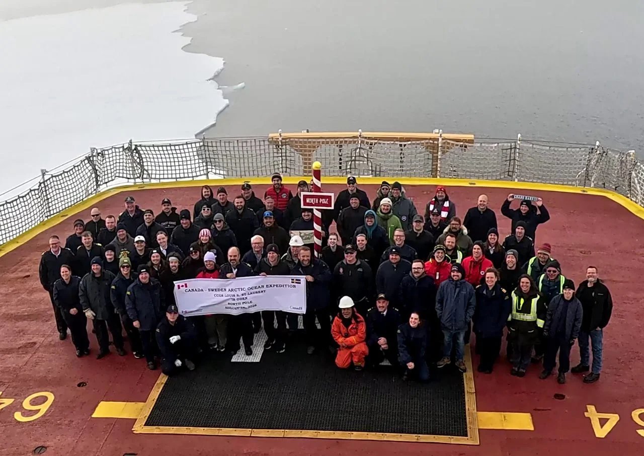 Picture of the CCGS Louis S. St-Laurent on the stern of the icebreaker to mark its arrival at the North Pole