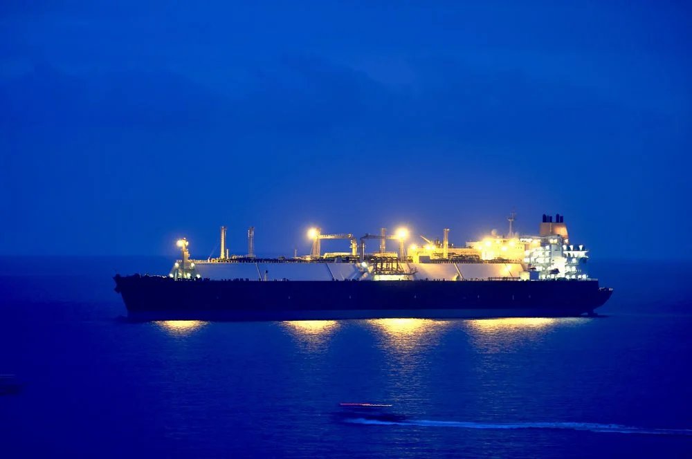 An LNG carrier at night