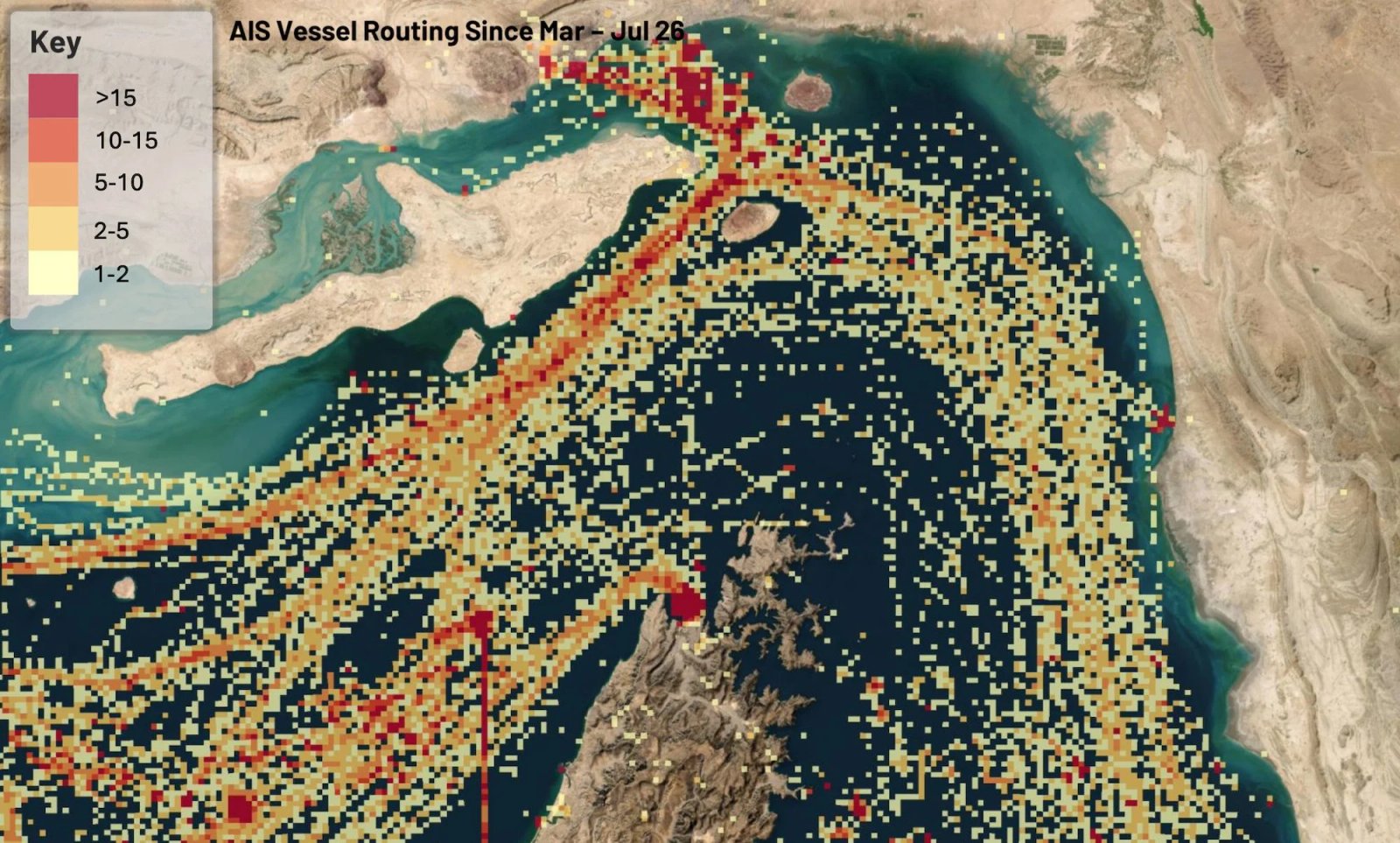A heat map showing AIS-derived ship transits favoring the northern route