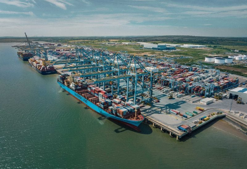 Aerial of the London Gateway container terminal with ships berthed