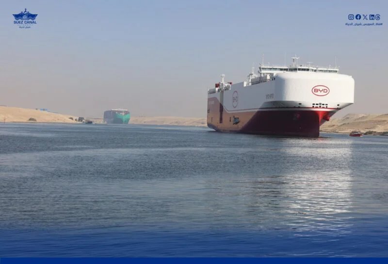 A car carrier operated by Chinese EV manufacturer BYD transits the Suez Canal, December 23, 2025