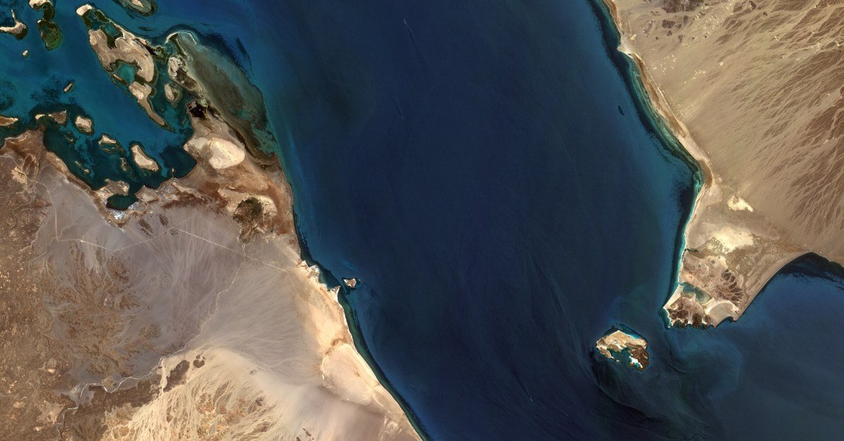 Satellite view of the Bab-el-Mandeb strait between Yemen and the Horn of Africa