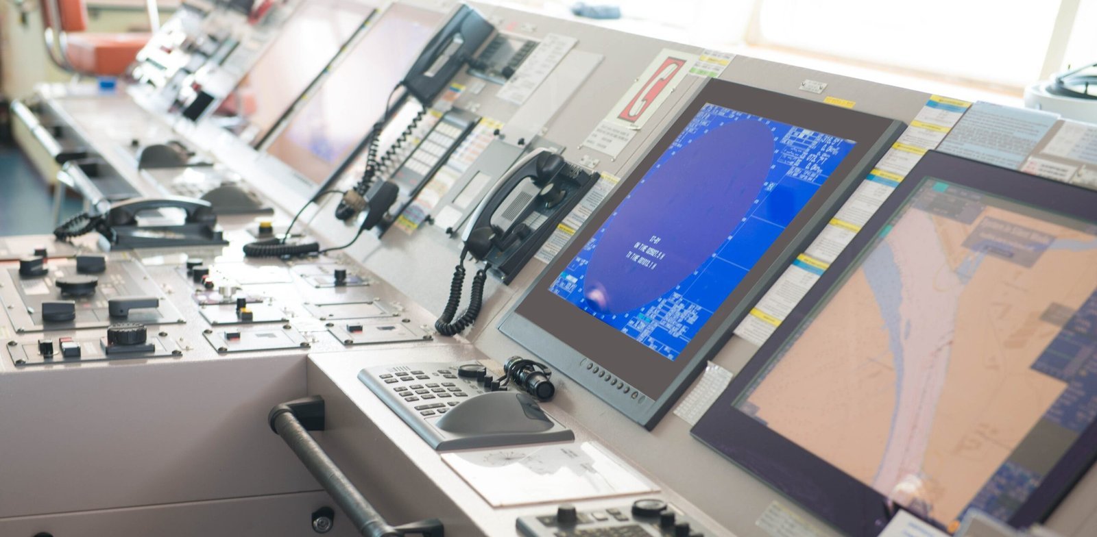 Ship bridge console with radar and electronic chart screens used for vessel tracking