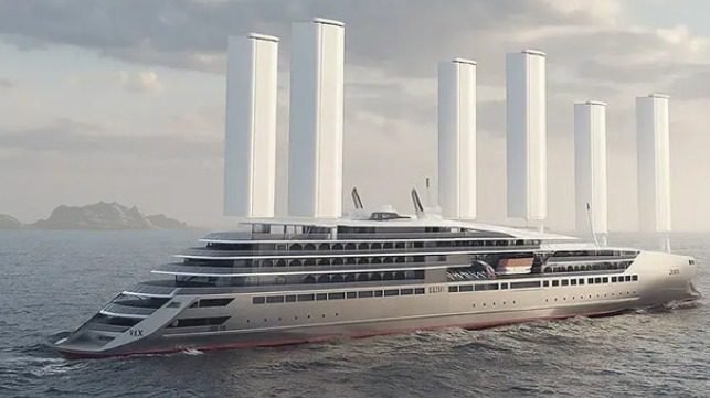 Concept vessel with tall vertical wind sails sailing at sea