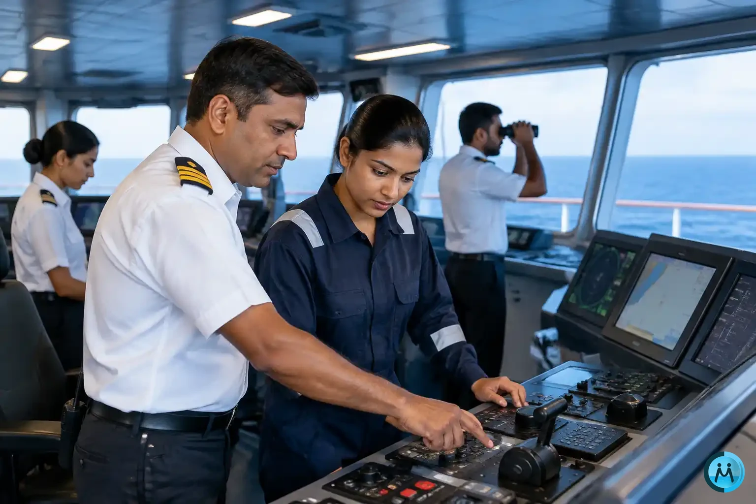 Seafarers busy navigating a Ship while leaving harbour.