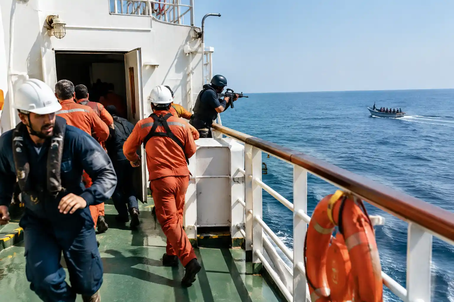 Piracy survival guide for seafarers: crew in coveralls and hard hats hurrying to the citadel as an armed guard covers an approaching pirate skiff