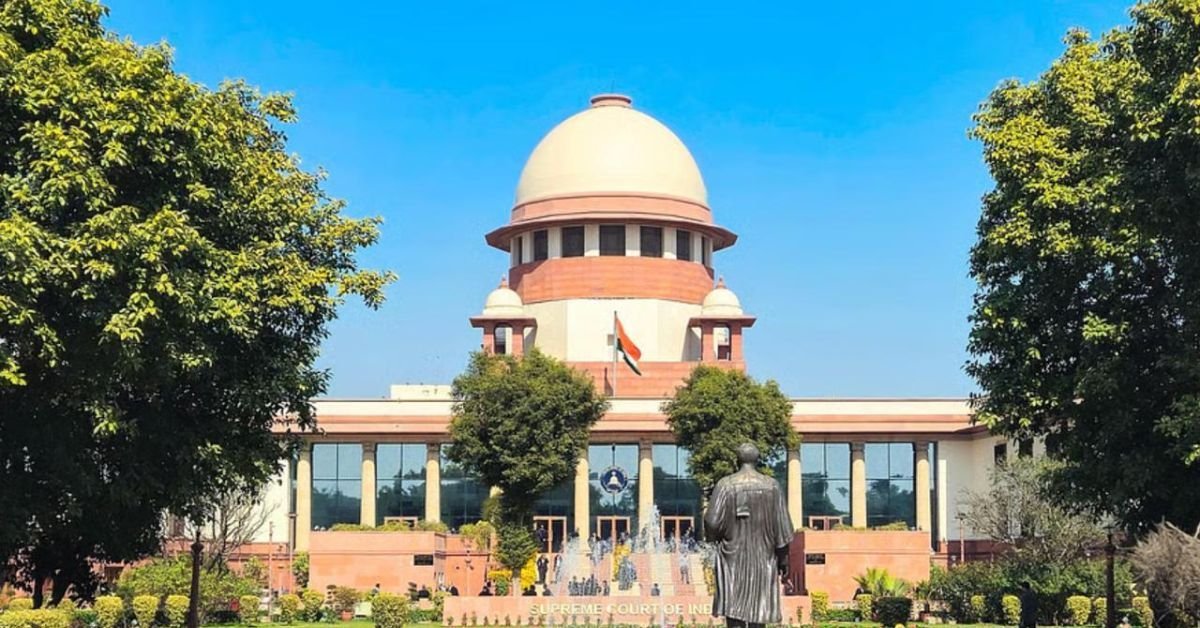 Supreme Court of India building with fountains and greenery in front