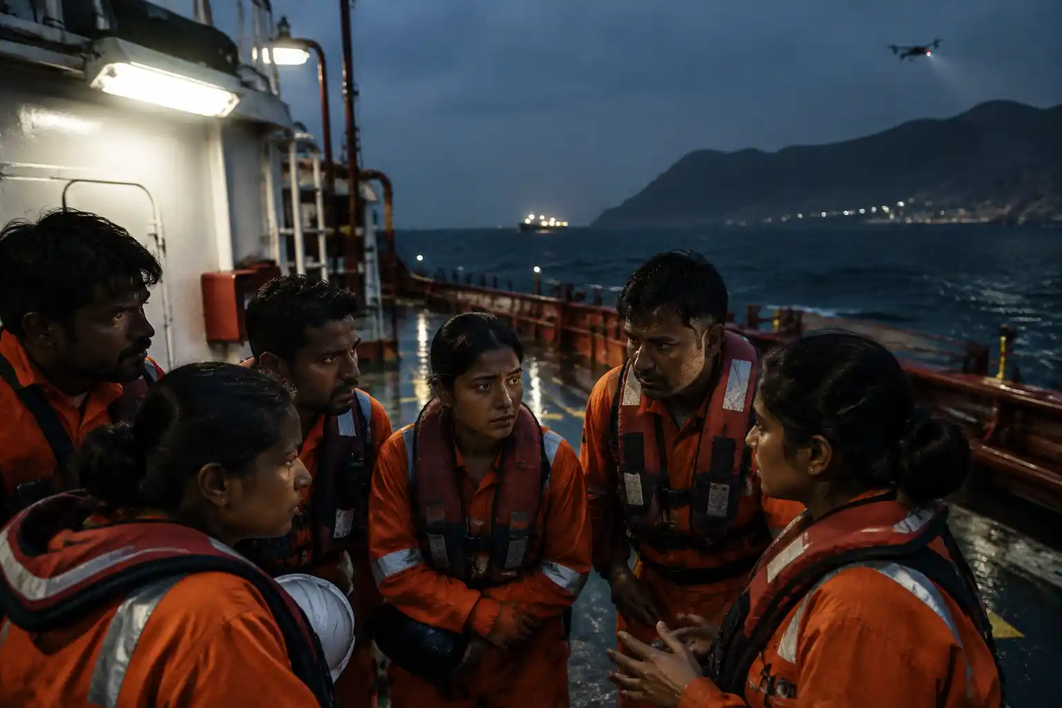 War zone rights for seafarers: crew in orange coveralls and life jackets gathered on a tanker deck at dusk as a drone flies overhead
