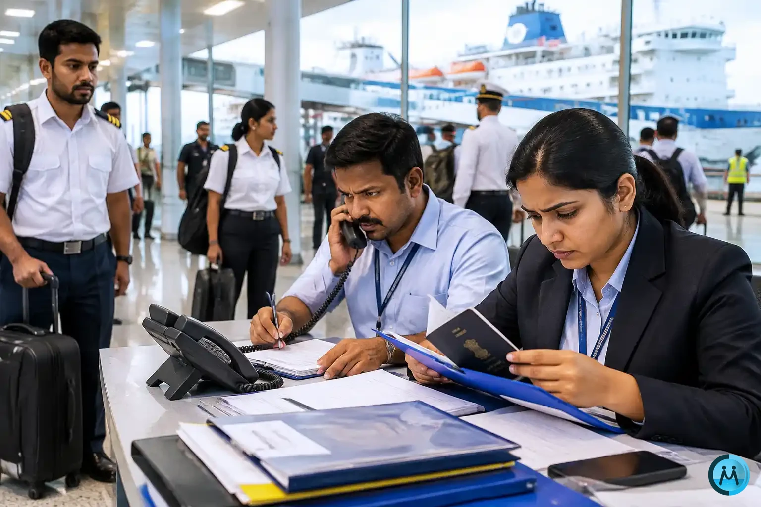 Crew change management in an Indian manning office: crewing staff check a seafarer's passport and documents while ship officers with luggage wait to join a vessel at the port