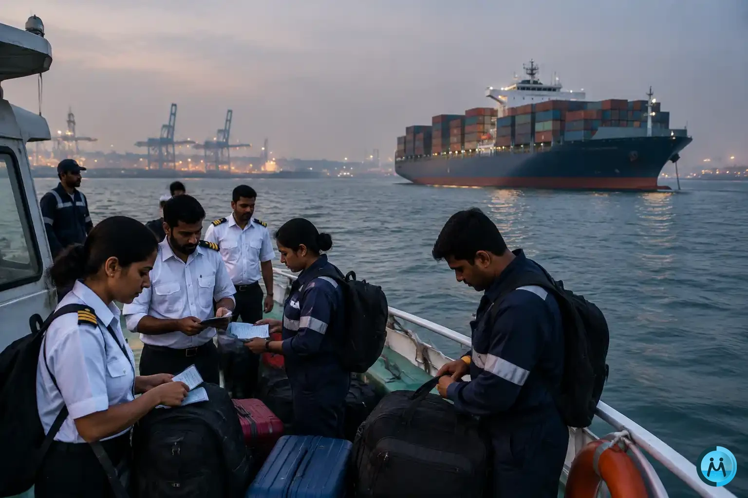 Seafarers with luggage checking documents on a launch boat heading to a container ship at anchor, a typical scene in crew change problems