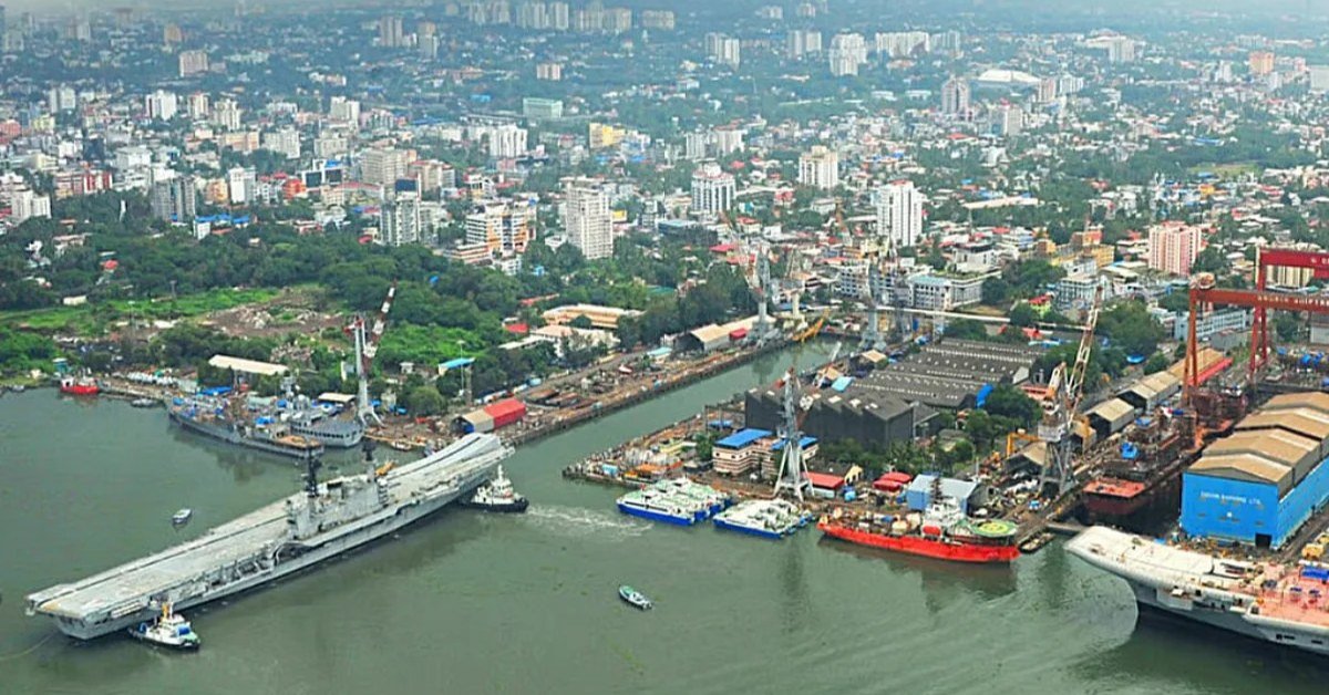 Aerial view of an Indian shipyard with vessels under construction