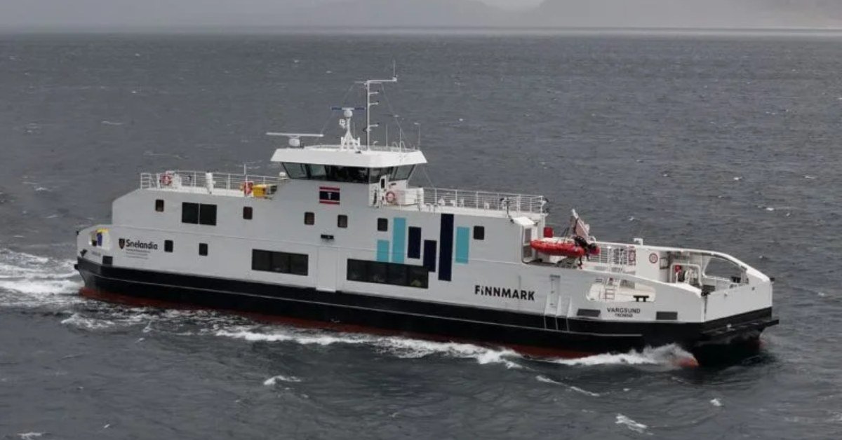 Battery-electric passenger ferry underway on calm water
