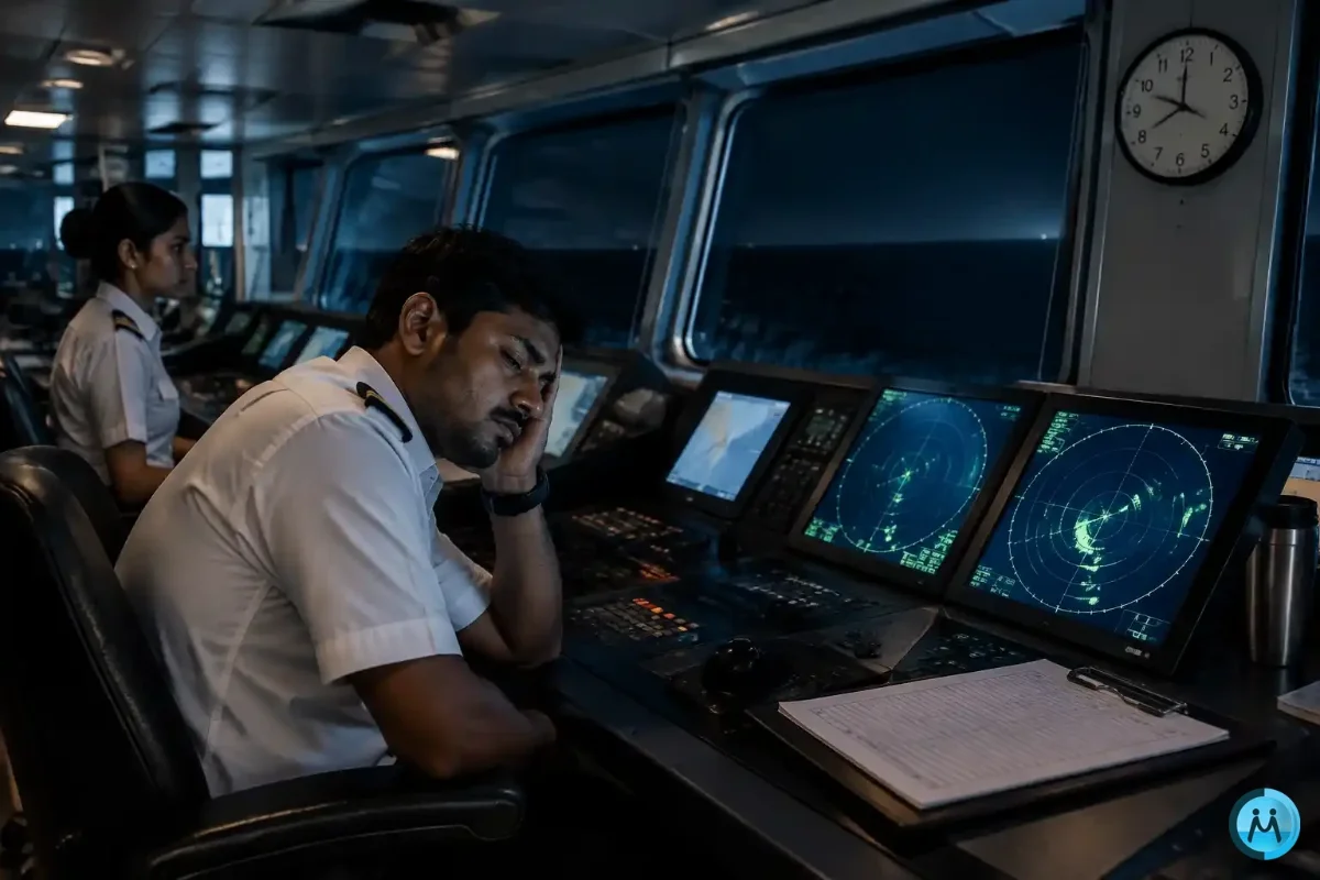 Tired officer resting his head on his hand at the radar console during a night bridge watch, showing the risk of hours of rest violations