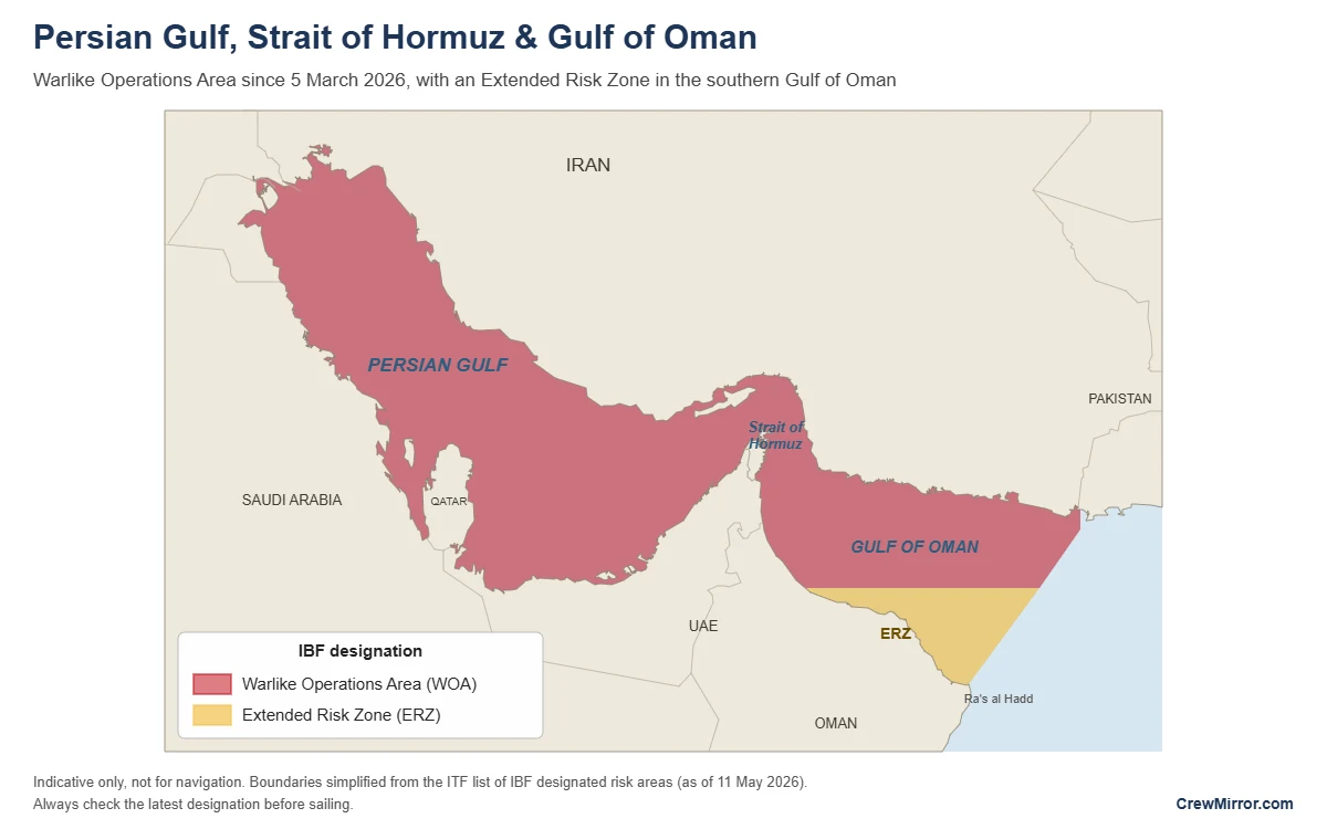 Map of the IBF Warlike Operations Area and Extended Risk Zone in the Persian Gulf, Strait of Hormuz and Gulf of Oman