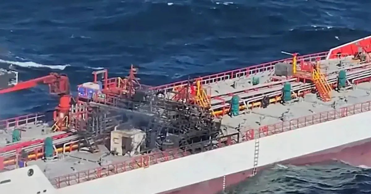 Fire-damaged deck of a chemical tanker after an attack
