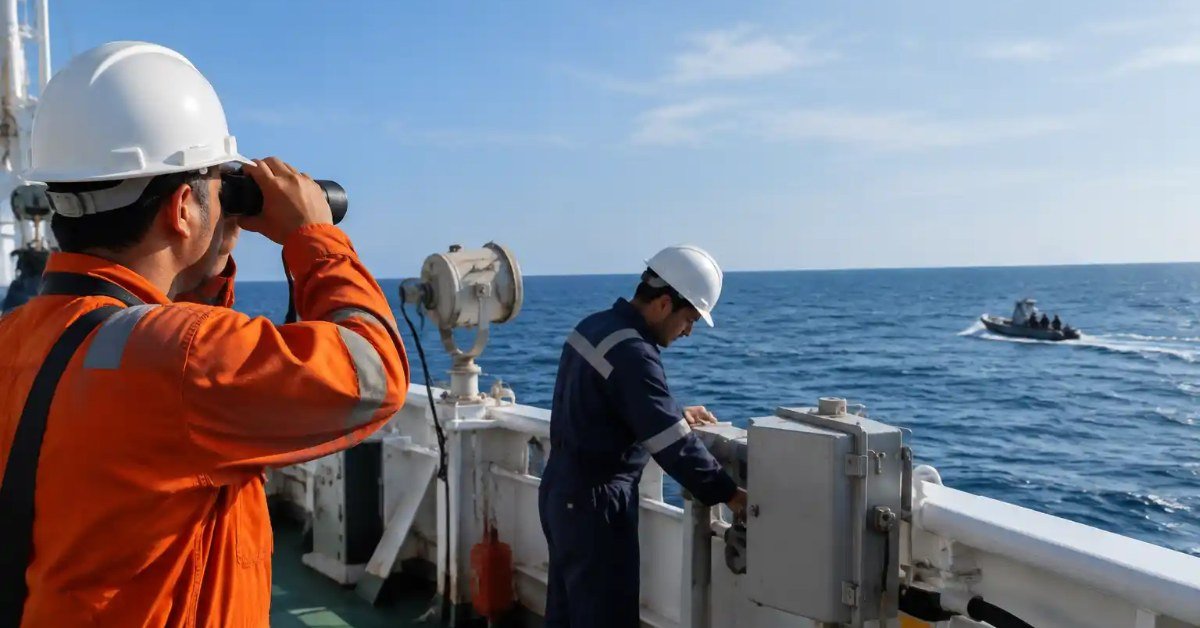 Seafarers keeping anti-piracy lookout with binoculars on deck