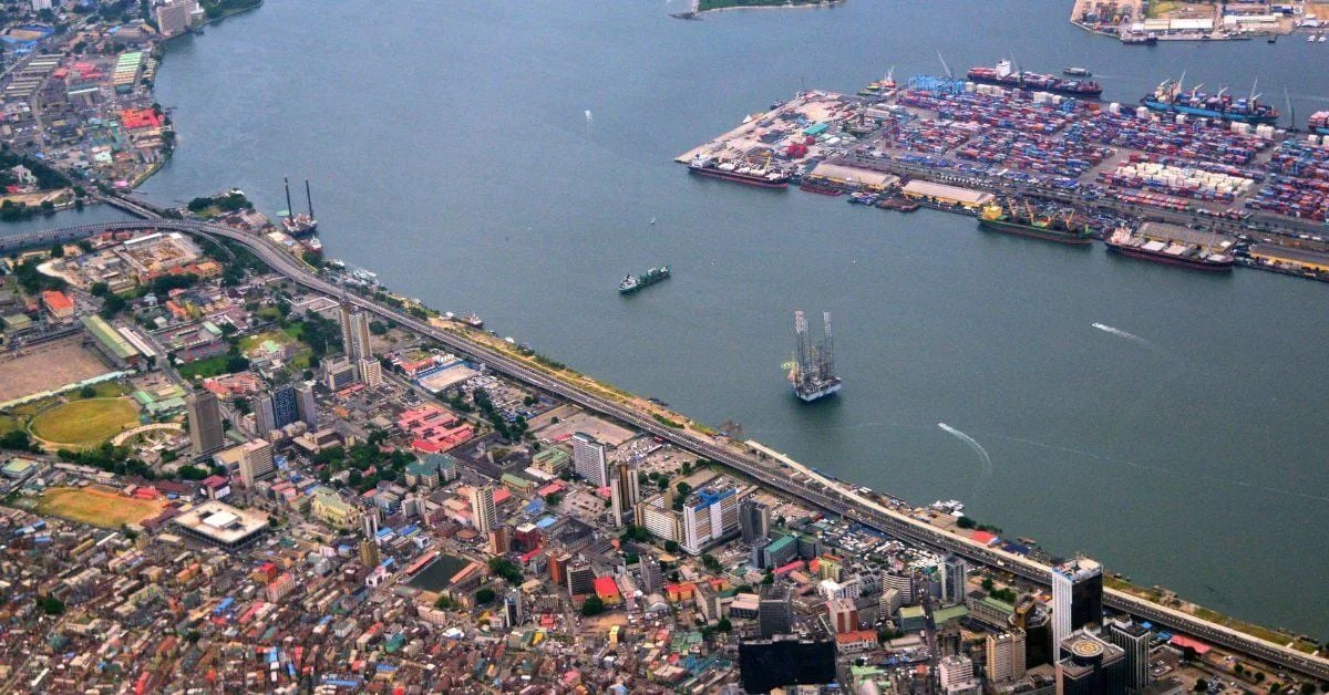 Aerial view of a busy Nigerian container port in Lagos