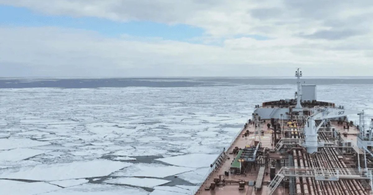 Oil tanker navigating through sea ice on an Arctic route