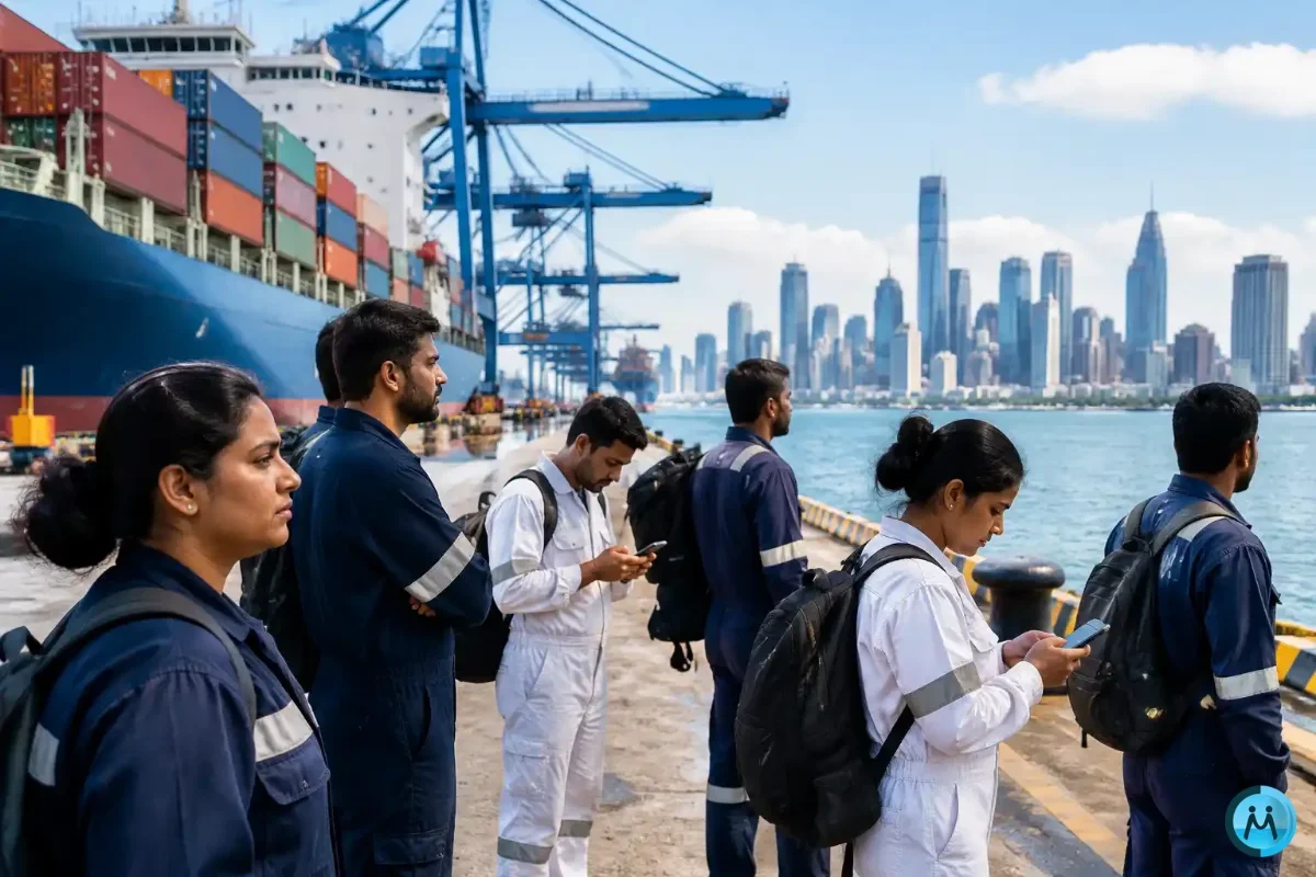 Seafarers in coveralls with backpacks waiting on the quay beside a container ship, facing shore leave restrictions at a busy port