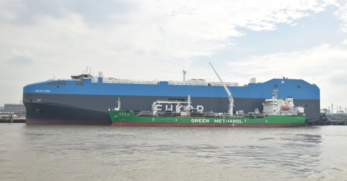 Bunker vessel alongside a ship during a marine fuel bunkering operation