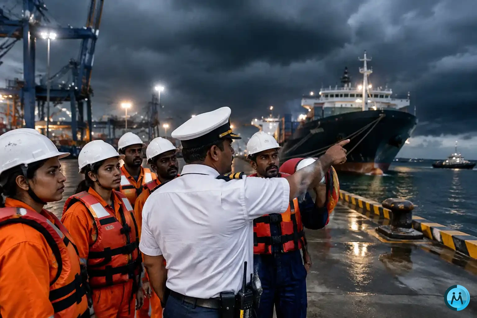 Ship officer briefing seafarers in orange coveralls and life jackets on a port quay at dusk, highlighting seafarer safety amid Hormuz tensions