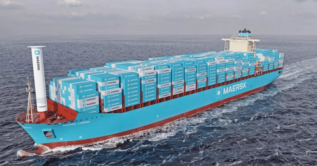 Container ship fitted with tall rotor sails for wind-assisted propulsion